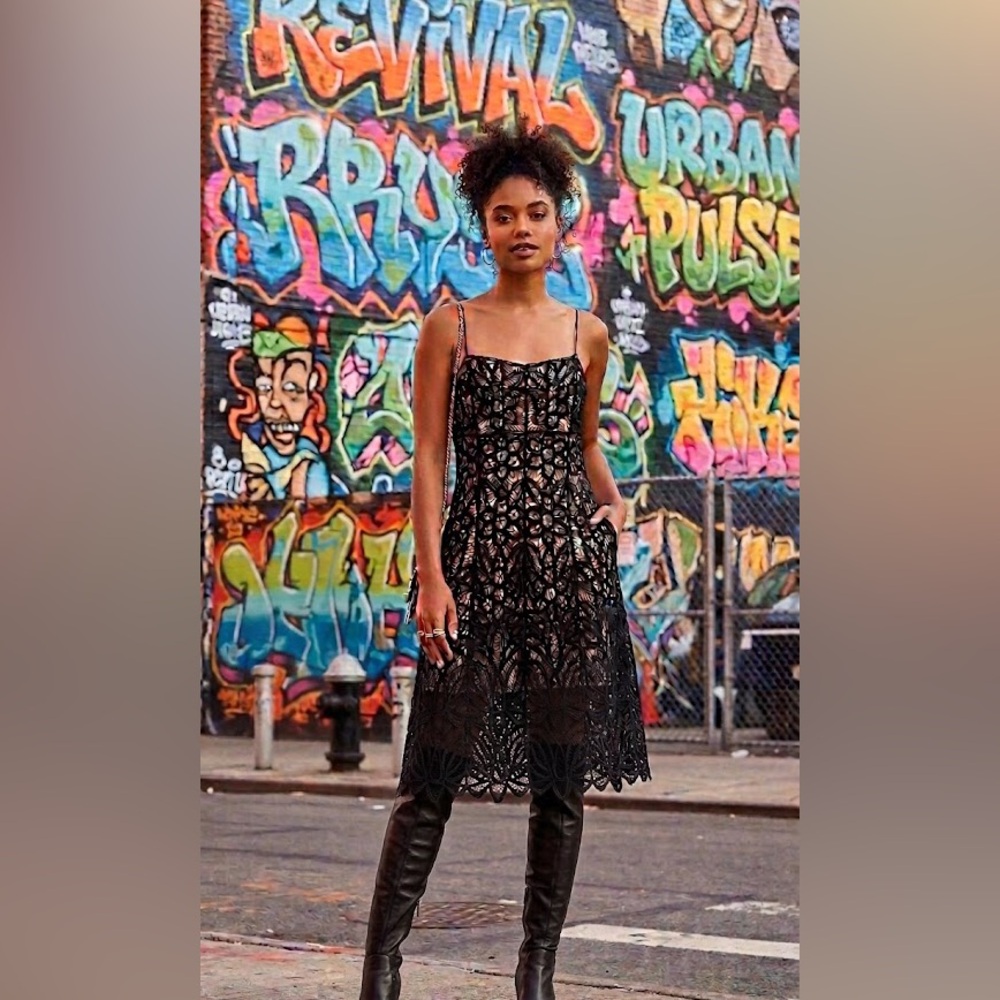 Betsey Johnson Black Lace Overlay Midi Dress with Nude Lining